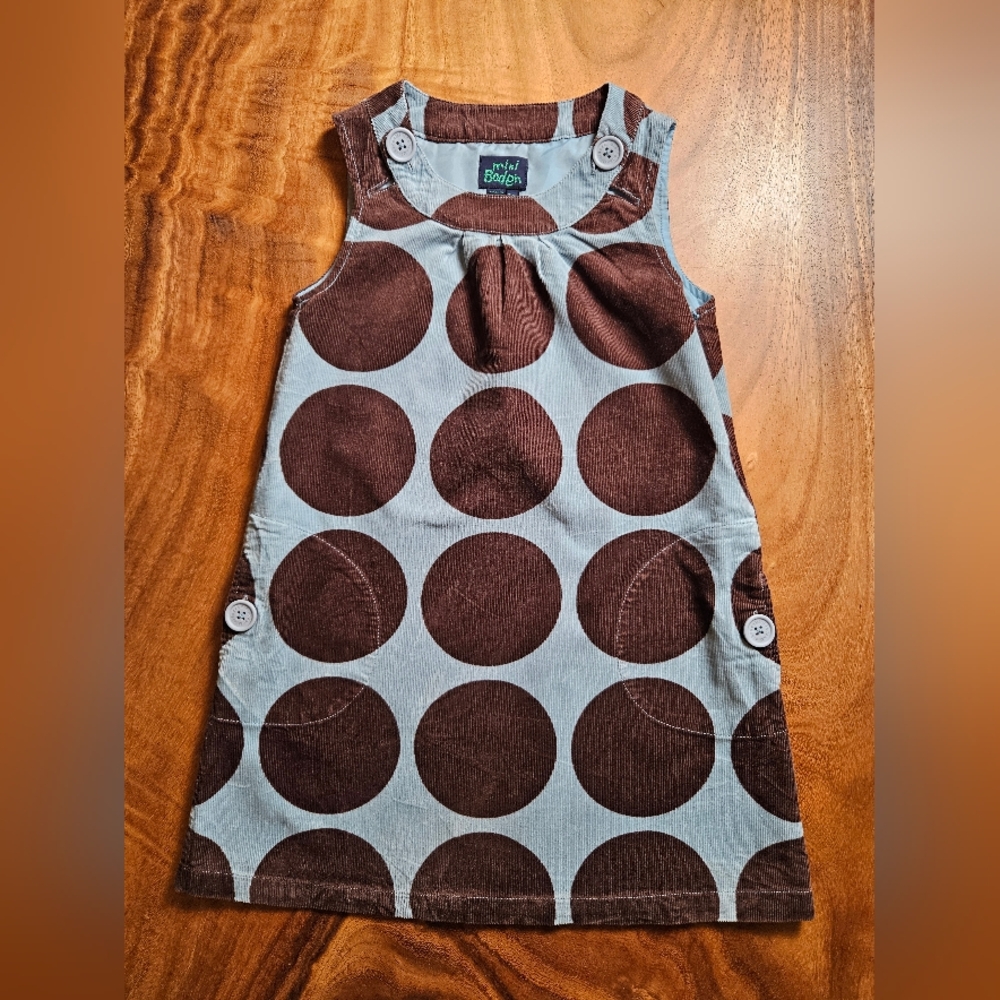 Mini Boden Corduroy Blue Brown Polka Dot Dress Girls Size 7-8